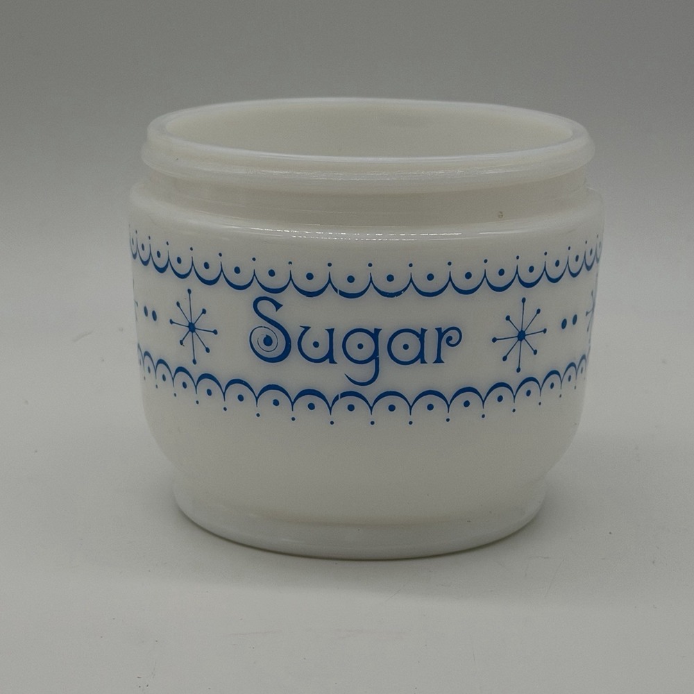 VTG GEMCO Milk Glass Blue Snowflake Garland Pattern Sugar Container Atomic MCM